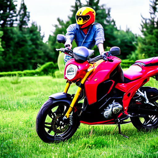 048_yellow and red motorcycle with a man riding on it next to grass.png
